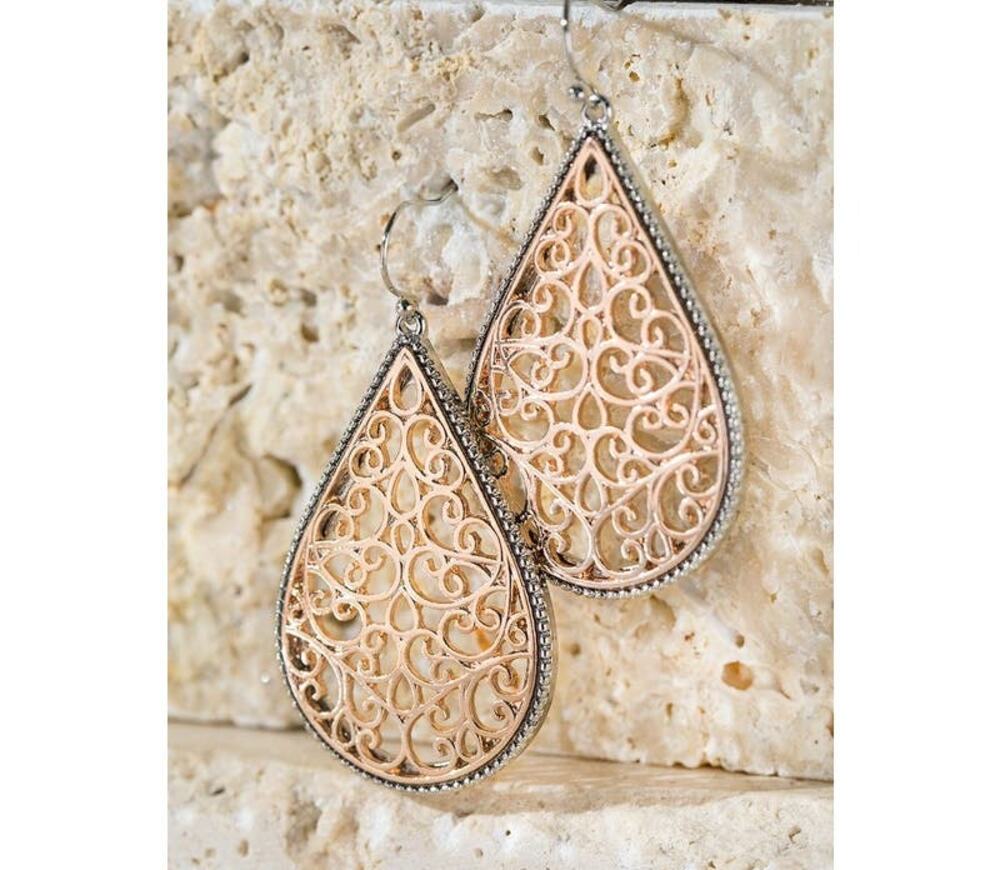Boutique Two Tone Metallic Silver Rose Gold Filigree Teardrop Dangle Earrings